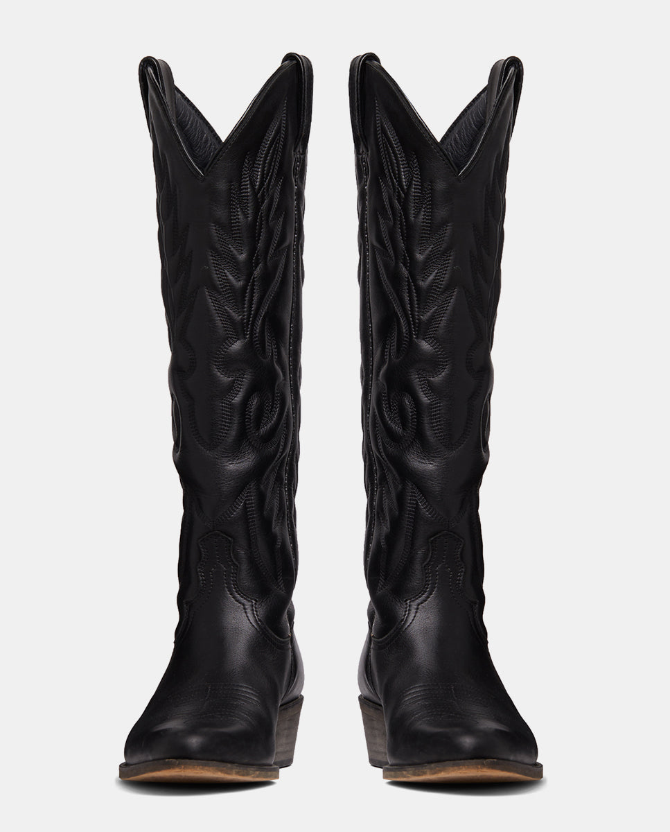 Delantera botas cowboy en piel negra para mujer caña alta