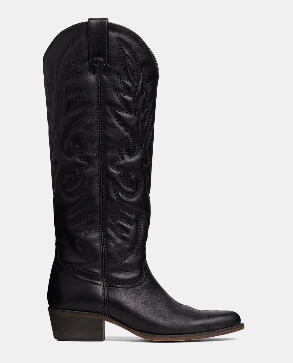 Bota cowboy negra en piel caña alta para mujer